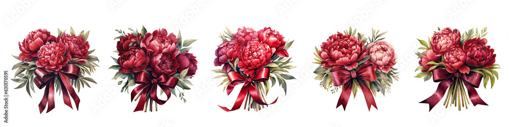 Set of bouquet Red peonies Red ribbon tied Hand drawn watercolor collection illustration, Red peonies  elegant watercolor illustration ,Red peonies isolated transparent background, PNG , Generative AI