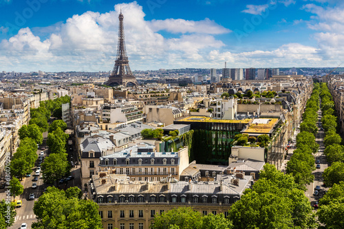 Panoramic aerial view of Eiffel Tower and Paris from Arc de Triomphe, France photo