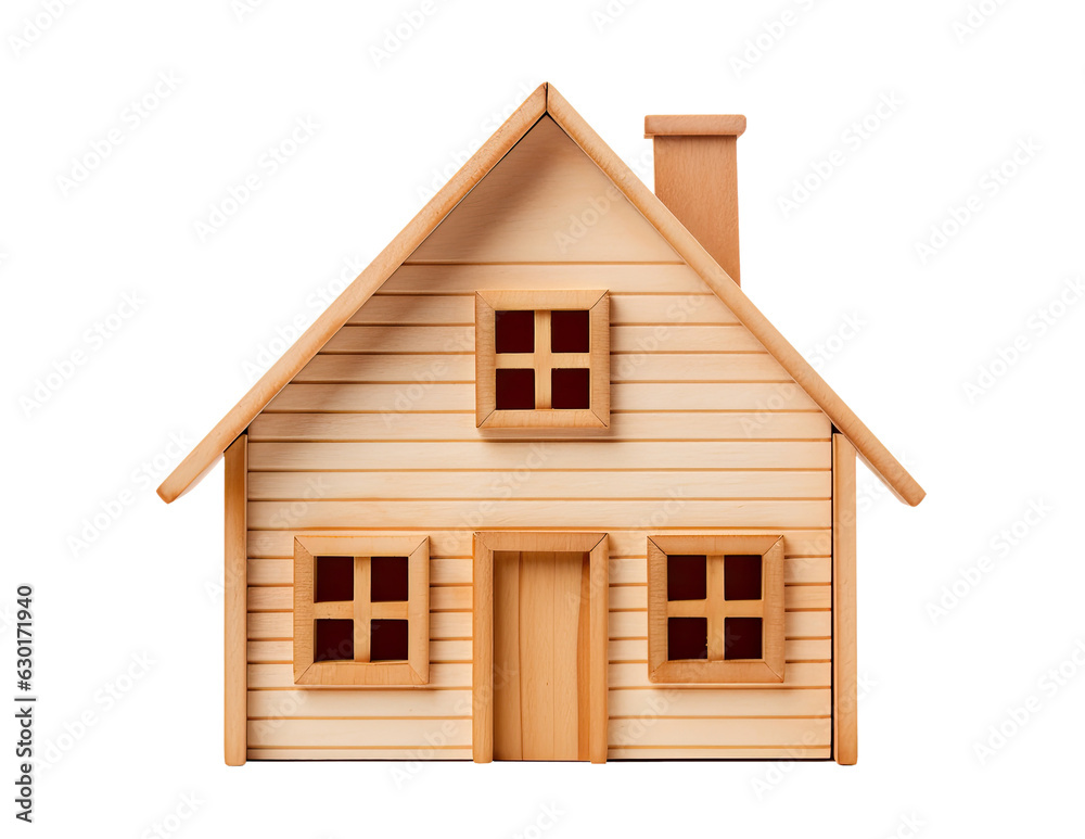 Toy wooden house isolated on transparent background, front view