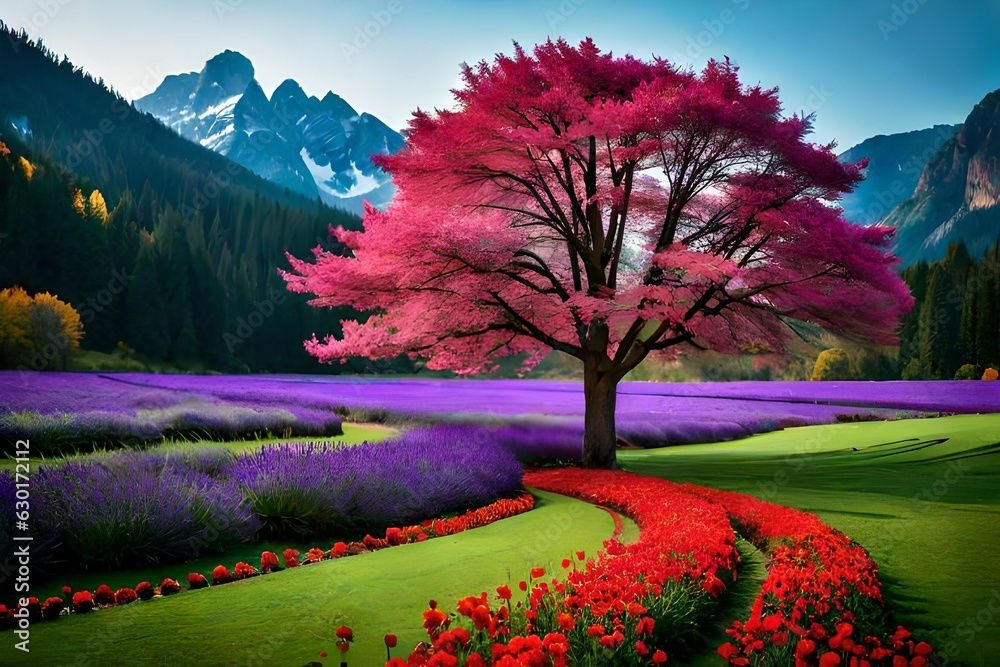spring landscape with flowers by Generated with AI technology