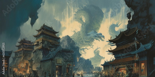 A huge green dragon hovered over the ancient eastern city gate.
