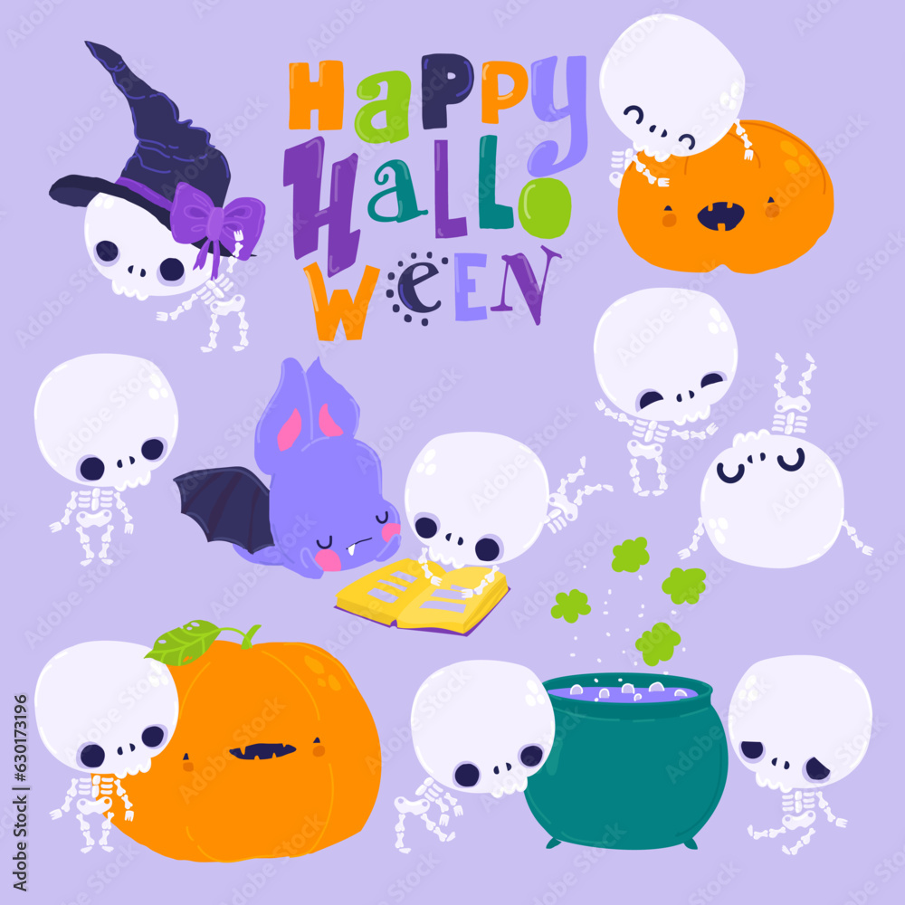 Happy Halloween Childish Collection with Design Elements. Halloween Collection. Skeleton, Pumpkin, Bat Happy Halloween Childish Collection with Design Elements. Halloween Collection. Skeleton, Pumpkin, Bat