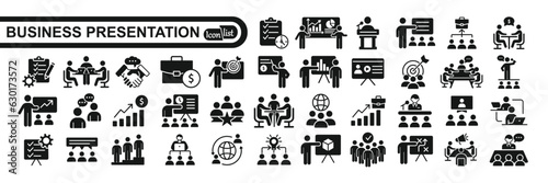 Business presentation icons set. Presentation, business, goals, meeting, whiteboard, conference and business plan icons. Vector illustration