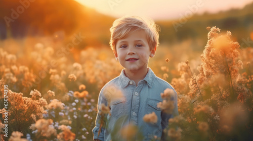 Cute happy little boy of 4 years in sunset light. Blooming spring meadow. Field of summer flowers