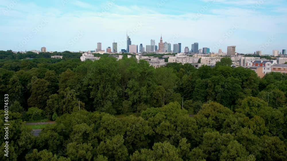 Panoramic aerial view over green park and boulevard of Warsaw skyline Panoramic aerial view over green park and boulevard of Warsaw skyline