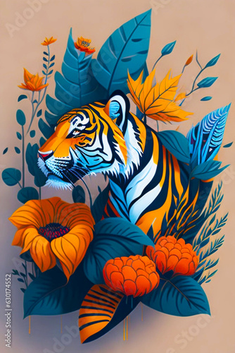 A detailed illustration of a tiger with leaf  paint splash  and graffiti background for a t-shirt design and fashion