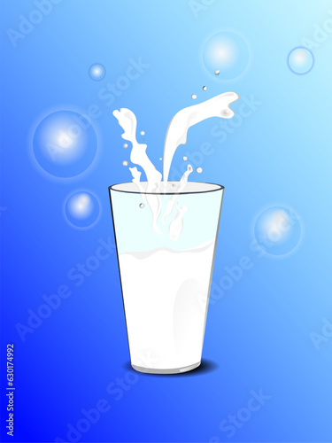 Transparent Milk glass, to pour milk splash, full glass on a blue background. Vector illustration design.