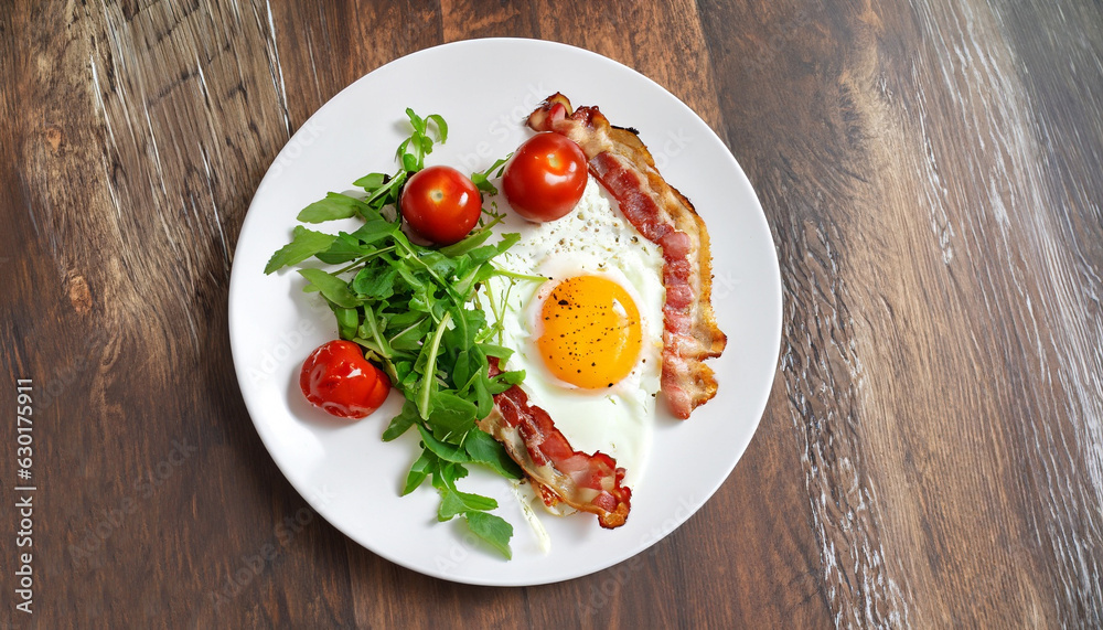 Sunny Side Up Eggs with crispy fried bacon, arugula and tomatoes on white plate on wooden table, view from above