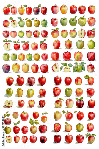 water color painting Set of apples containing whole apple, apple half, apple slices on white background.