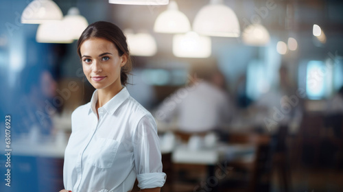 Stock photo of a restaurant with waitress on focus, HD, Generative Ai