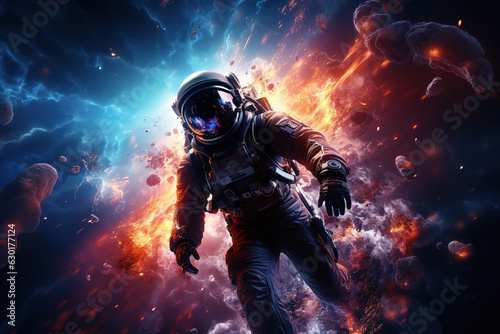 Effective action interstellar illustration. An astronaut in spacesuit in space, exploding galaxy and scattering meteor shower