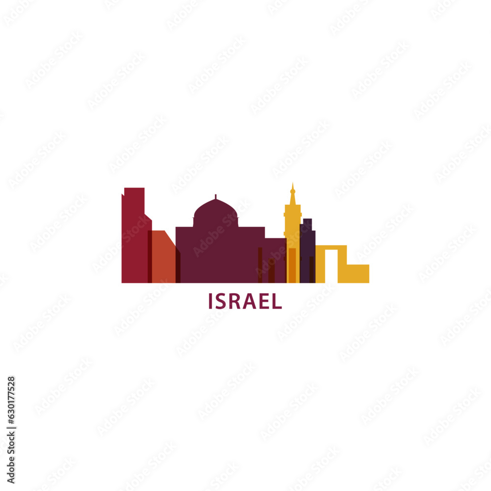 Israel cityscape skyline city panorama vector flat modern logo icon. Tel Aviv Jerusalem region emblem idea with landmarks and building silhouettes