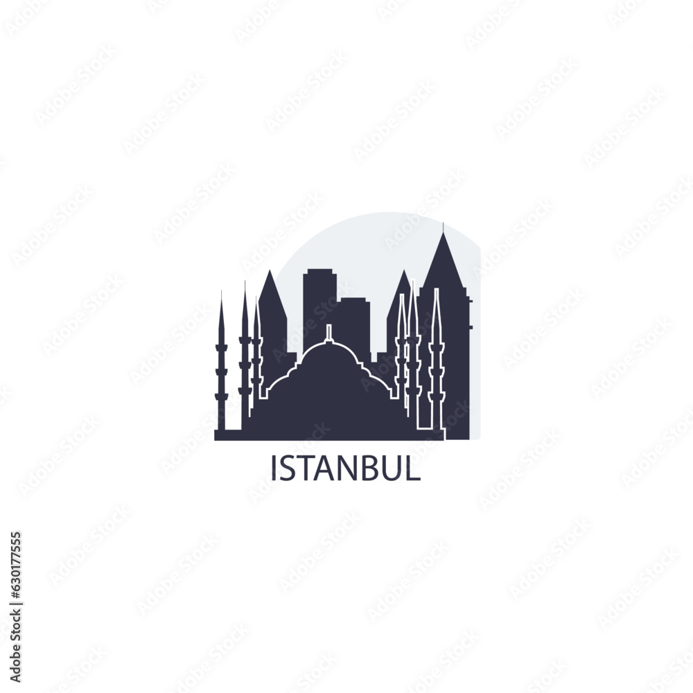 Turkey Istanbul cityscape skyline city panorama vector flat modern logo icon. Bosphorus region emblem idea with landmarks and building silhouettes at sunrise sunset