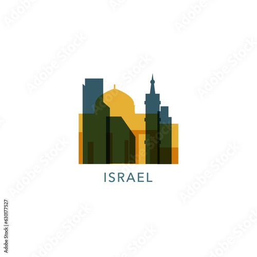 Israel cityscape skyline city panorama vector flat modern logo icon. Tel Aviv Jerusalem region emblem idea with landmarks and building silhouettes