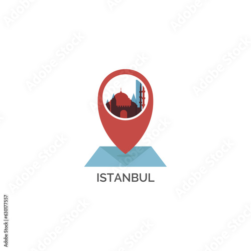 Turkey Istanbul map pin point geolocation modern skyline shape pointer vector logo icon isolated illustration. Turkish pointer emblem with landmarks and building silhouettes