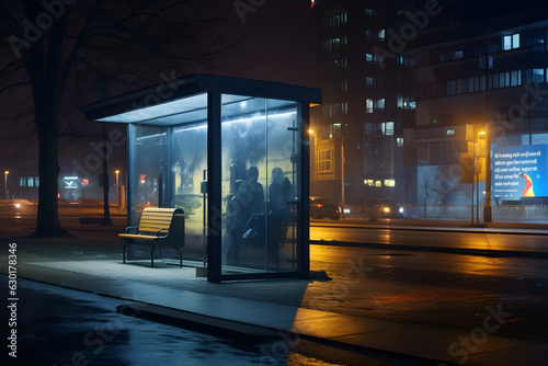 domestic bus stop at night  lights on city lights in the background  an illustration 
