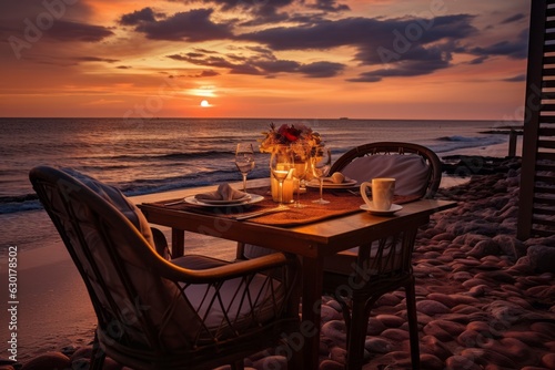 Romantic table for dinner next to sea with beautiful sunset. Sea lovers, love concept, romantic dinner.