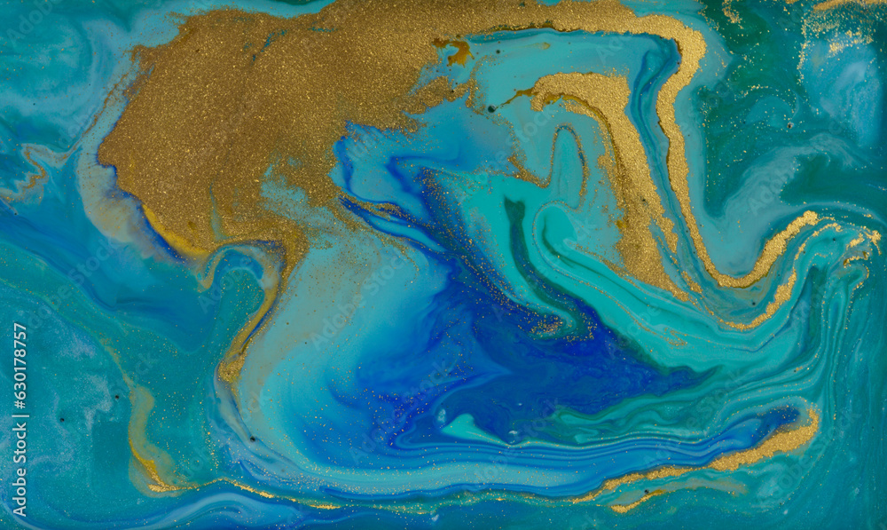 Golden Waves on Blue Marble Background.