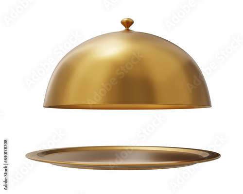 gold restaurant cloche tray lid food cover dish isolated on white background. gold restaurant cloche tray lid food cover dish isolated. gold restaurant cloche tray lid food cover dish 3d render photo