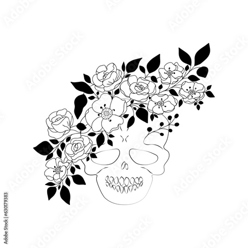 Hand drawn cartoon skull with wreath of doodle rose and anemone flowers with leaves on stems. La Catrina design for Day of the Dead, sugar skull, Dia de los muertos. Isolated on white background
