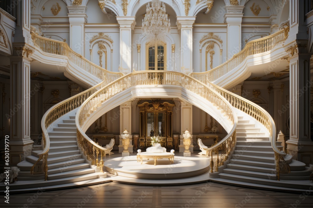 Luxury interior of modern apartment. Interior design concept, living room, resort luxury. Elegant neoclassical stairways