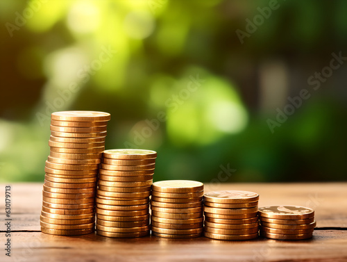 Close up of stack of golden coins on top of a wooden table with green nature background, saving money concept