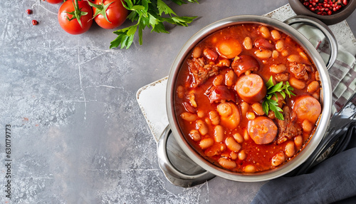 hearty beans stew with sausages, herbs and spices in tomato sauce in a metal casserole on a concrete table, fasolka po bretonsku, polish cuisine, view from above, flatllay, copy space photo
