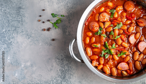 Obraz na płótnie hearty beans stew with sausages, herbs and spices in tomato sauce in a metal cas