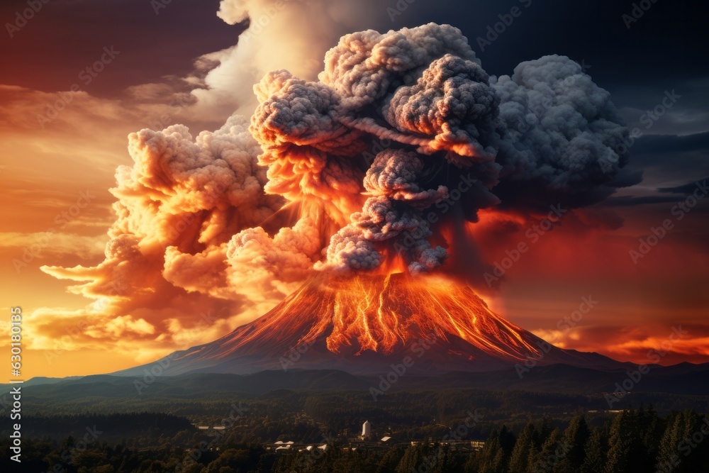Mount volcano erupting, Molten lava or magma. Volcanic mountain in eruption