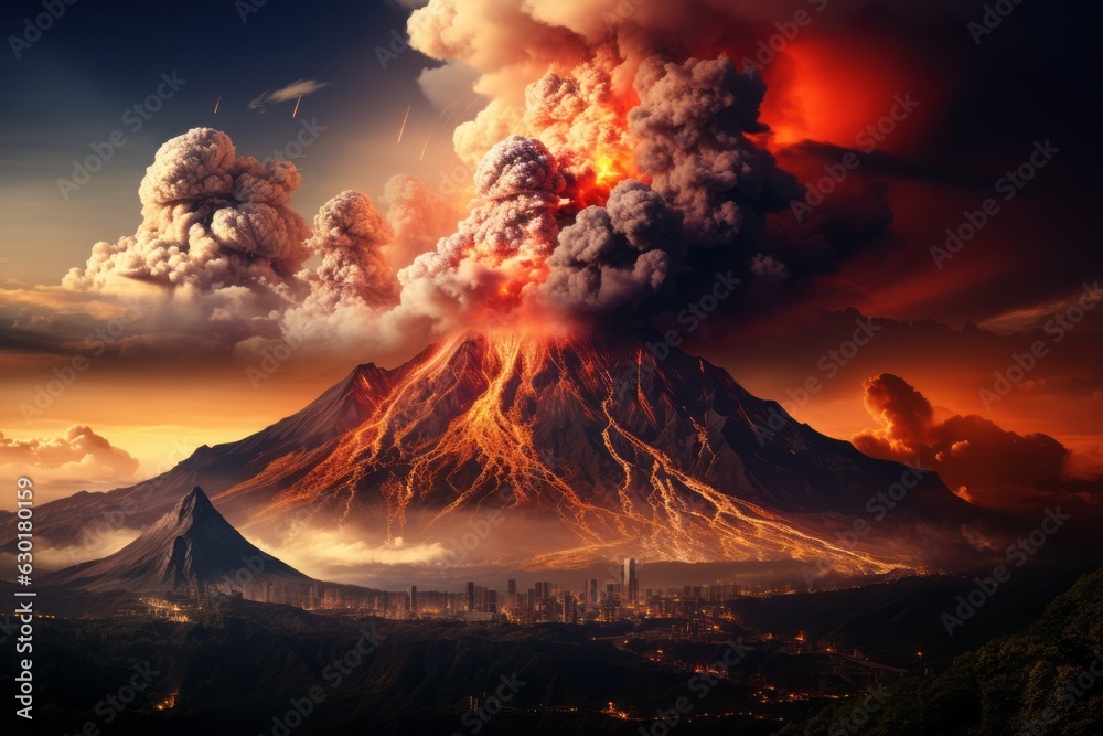 Fototapeta premium Mount volcano erupting, Molten lava or magma. Volcanic mountain in eruption