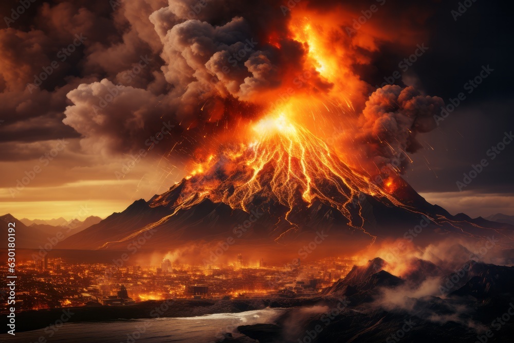 Fototapeta premium Mount volcano erupting, Molten lava or magma. Volcanic mountain in eruption