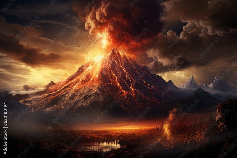 Mount volcano erupting, Molten lava or magma. Volcanic mountain in eruption