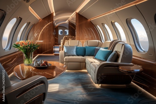 Luxury interior of a private jet, business trip, luxury life concept. Business jet interior