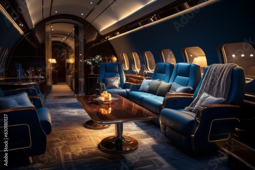 Luxury interior of a private jet, business trip, luxury life concept. Business jet interior