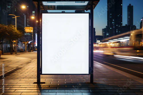 Blank white vertical digital billboard poster on city street bus stop sign at nigh. Street advertising bus stop mockup