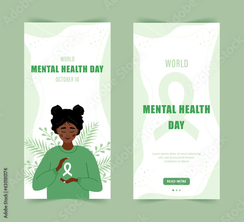World mental health day stories template. Happy african woman with ribbon. Annual international health campaign. Social media background. Vector illustration in flat cartoon style.