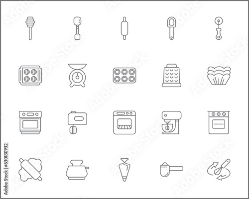 Simple Set of baking tool Related Vector Line Icons. Vector collection of kitchen utensils, equipment, apron, kitchenware, bakery, scales, dough, rolling pin, oven and design elements symbols.