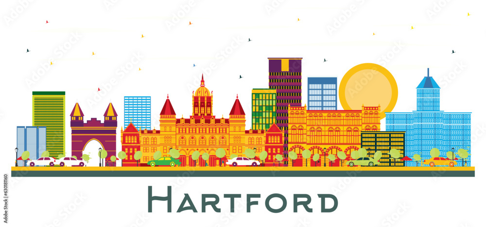 Hartford USA city Skyline with Color Buildings isolated on white.