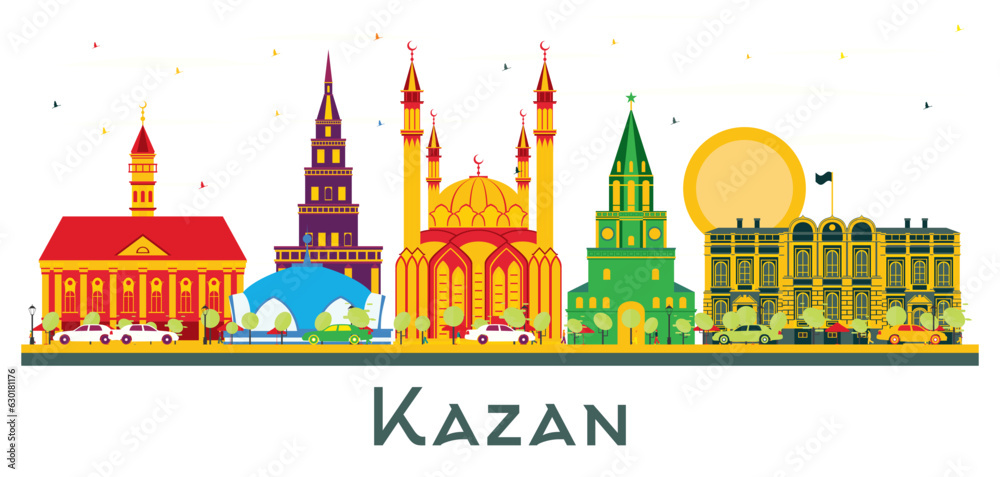 Kazan Russia city Skyline with Color Buildings isolated on white.