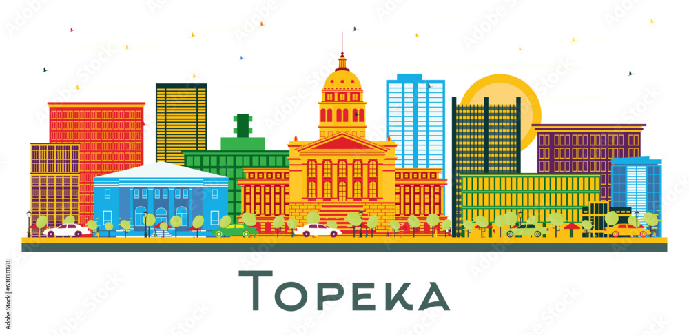 Topeka Kansas USA city Skyline with Color Buildings isolated on white.