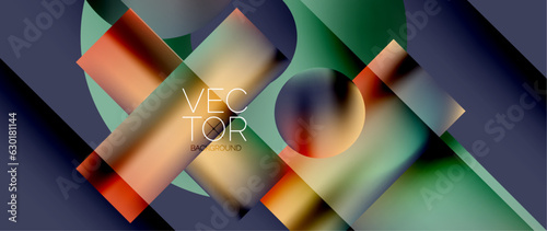 Squares and circles design. Fluid color gradients with metallic effects. Serene synergy of shapes, merging squares and circles into harmonious, captivating design