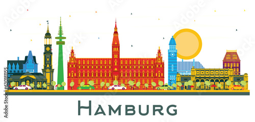 Hamburg Germany city Skyline with Color Buildings isolated on white.