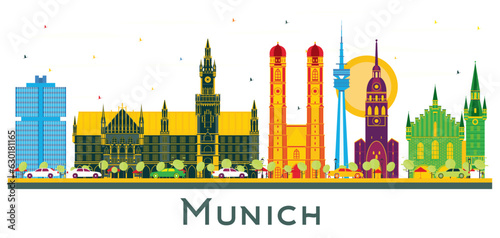 Munich Germany city Skyline with Color Buildings isolated on white.