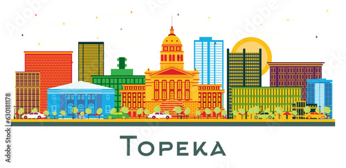 Topeka Kansas USA city Skyline with Color Buildings isolated on white. © BooblGum