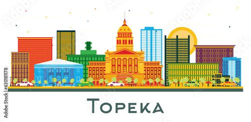 Topeka Kansas USA city Skyline with Color Buildings isolated on white.