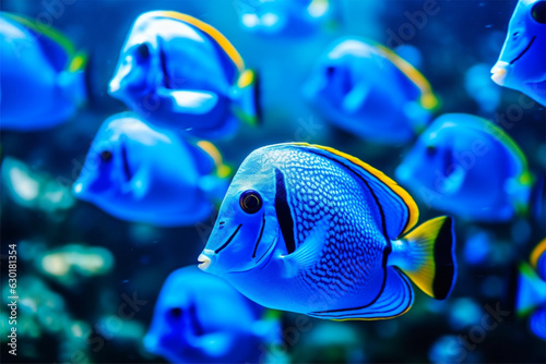 Tropical fish in deep blue water. Beautiful underwater world.
