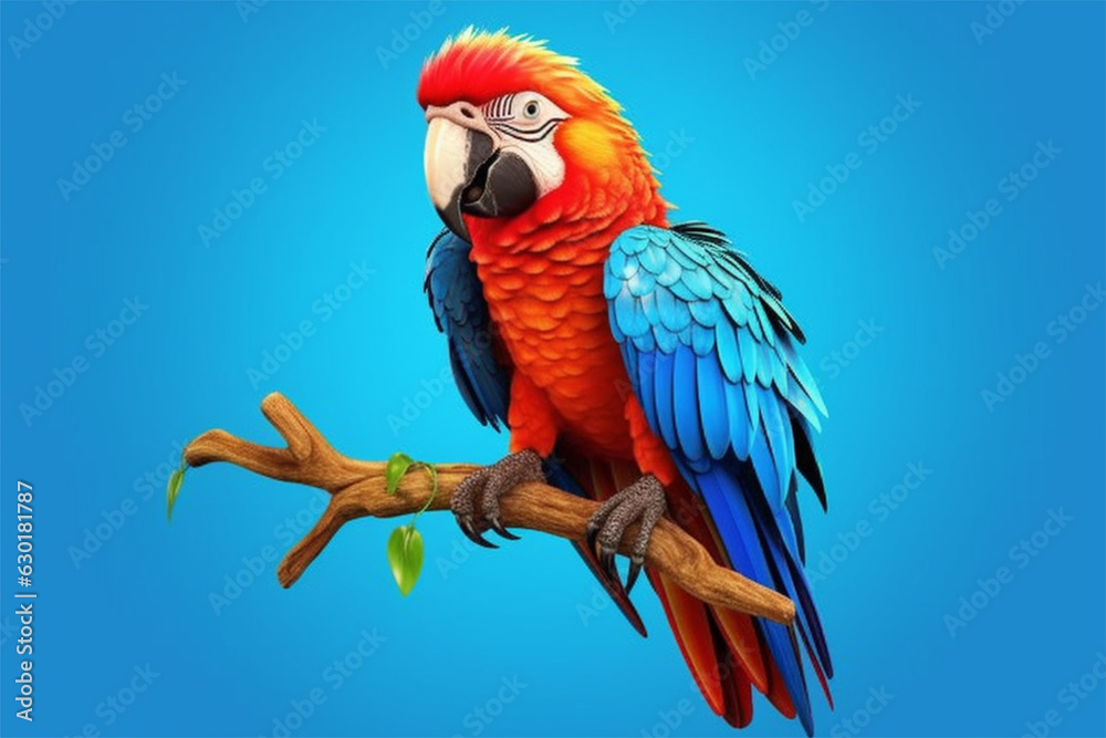 Fototapeta premium Colorful parrot portrait on a blue background. 3d rendering
