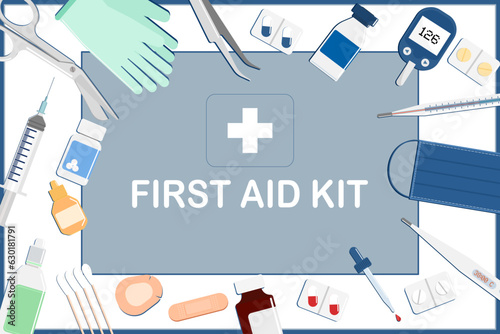 first aid kit background with medical equipments.medical supplies,syringes,bandages,medicine,digital thermometers,adhesive tape,forceps,tweezers,scissors surgical masks,gloves.