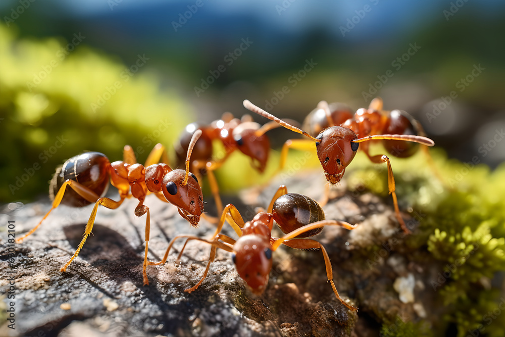 Close up group of ants standing on top of a rock on the forest