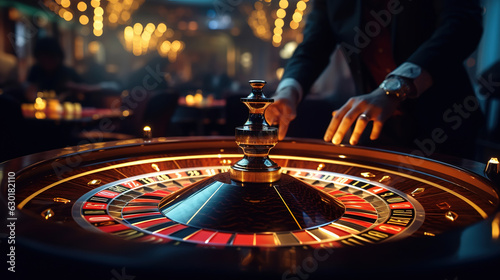 People play casino games: gold spinning roulette with motion of players, croupier (dealer) and roulette in a modern casino. Selected focus used to accent the movement and game activity. photo